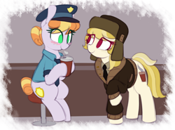 Size: 1220x905 | Tagged: safe, artist:shinodage, copper top, march gustysnows, earth pony, pony, blushing, chair, clothes, coat, coffee, cup, cute, cutie mark, duo, female, hat, mare, necktie, police officer, police pony, shirt, sitting, smiling, stool, ushanka