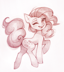 Size: 1363x1540 | Tagged: safe, artist:lispp, pinkie pie, earth pony, pony, ear fluff, female, gift art, looking at you, looking back, looking back at you, mare, monochrome, one eye closed, open mouth, pencil drawing, raised hoof, simple background, sketch, smiling, solo, traditional art, white background, wink