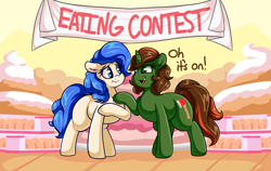 Size: 2863x1810 | Tagged: safe, artist:graphenescloset, oc, oc only, oc:brushfire, oc:iselia, pony, chubby, eating contest, female