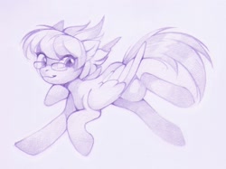 Size: 1653x1238 | Tagged: safe, artist:lispp, oc, oc only, oc:cloudy bits, pegasus, pony, female, gift art, glasses, looking at you, mare, monochrome, pencil drawing, simple background, sketch, solo, traditional art, white background