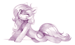 Size: 2005x1192 | Tagged: safe, artist:lispp, oc, oc only, oc:oblivia, earth pony, pony, female, gift art, mare, monochrome, one eye closed, pencil drawing, simple background, sketch, solo, traditional art, white background