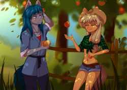 Size: 3508x2480 | Tagged: safe, artist:shiro-roo, applejack, oc, oc:hiroki, anthro, earth pony, pony, apple, arm behind head, belly, belly button, canon x oc, clothes, couple, cowboy hat, daisy dukes, dappled sunlight, duo, female, flannel, food, front knot midriff, hat, hirojack, kimono (clothing), midriff, orchard, scar, shirt, shirt lift, shorts, smiling, stetson