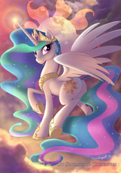 Size: 595x850 | Tagged: safe, artist:soulscapecreatives, princess celestia, alicorn, pony, beautiful, cloud, cloudy, crown, cutie mark, ethereal mane, female, glow, jewelry, looking at you, looking back, majestic, mare, plot, pose, raised hoof, regalia, side view, signature, sky, solo, spread wings, wings