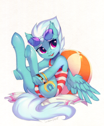 Size: 1280x1545 | Tagged: safe, artist:share dast, fleetfoot, pegasus, pony, beach ball, beach towel, bracelet, clothes, commission, cutie mark, female, human shoulders, jewelry, looking up, mare, one-piece swimsuit, simple background, solo, sunglasses, swimsuit, white background, wings