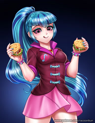 Size: 800x1042 | Tagged: safe, artist:racoonsan, sonata dusk, human, equestria girls, bracelet, breasts, clothes, female, food, humanized, jewelry, nail polish, ponytail, skirt, smiling, solo, sonataco, spiked wristband, taco, that girl sure loves tacos, tongue out, wristband