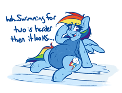 Size: 1073x823 | Tagged: safe, artist:graphenescloset, rainbow dash, pegasus, pony, belly, clothes, female, mare, one-piece swimsuit, preggo dash, pregnant, solo, swimsuit, wet