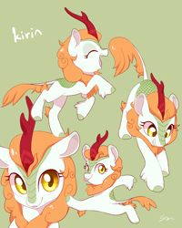 Size: 960x1200 | Tagged: safe, artist:sion, autumn blaze, kirin, sounds of silence, :p, awwtumn blaze, cute, female, green background, silly, simple background, smiling, tongue out