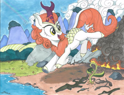 Size: 3296x2520 | Tagged: safe, artist:brisineo, autumn blaze, kirin, sounds of silence, cloud, cloven hooves, fire, marker drawing, mountain, prancing, rainbow, smiling, smoke, solo, that was fast, traditional art