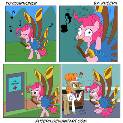 Size: 1606x1615 | Tagged: safe, artist:pheeph, doctor muffin top, pinkie pie, earth pony, pony, yakity-sax, clothes, comic, exclamation point, female, interrobang, male, mare, music notes, old master q, parody, question mark, stallion, tongue out, yovidaphone