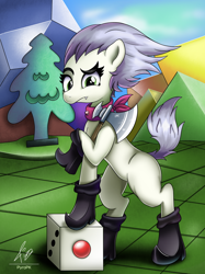 Size: 800x1067 | Tagged: safe, artist:pyropk, skellinore, pony, the break up breakdown, axe, boots, cute, cute little fangs, dice, dungeons and dragons, fangs, game, living skellinor, ogres and oubliettes, ponified, shoes, solo, weapon