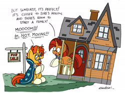 Size: 2388x1786 | Tagged: safe, artist:bobthedalek, stellar flare, sunburst, pony, unicorn, a series of unfortunate events, angry, atg 2018, cliff, female, house, implied shipping, implied starburst, implied starlight glimmer, male, mare, mother and child, mother and son, mothers gonna mother, newbie artist training grounds, parent and child, shipper flare, sign, simple background, socks (coat marking), stallion, sunburst is not amused, that pony sure does want grandfoals, this will end in death, this will end in tears and/or death, this will not end well, unamused, up, white background