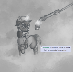 Size: 800x792 | Tagged: safe, artist:colochenni, pony, /mlp/, 4chan, bayonet, clothes, drawthread, gas mask, gun, handgun, helmet, if only you knew how bad things really are, magic, mask, meme, parody, pistol, request, smoke, soldier, text, uniform, walking, weapon, world war i