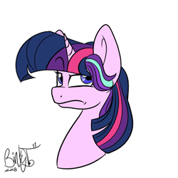 Size: 2000x2000 | Tagged: safe, artist:binkyt11, starlight glimmer, twilight sparkle, pony, unicorn, a matter of principals, bust, female, mare, simple background, solo, twilight wig, unamused, white background, wig
