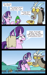 Size: 1911x3067 | Tagged: safe, artist:bobthedalek, discord, spike, starlight glimmer, draconequus, dragon, pony, unicorn, a matter of principals, comic, female, male, mare, scroll, the tables have turned, this will not end well, winged spike