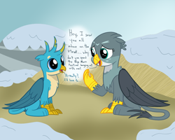 Size: 1000x800 | Tagged: safe, artist:mightyshockwave, gabby, gallus, griffon, the hearth's warming club, blue moon festival, crying, cute, gabbybetes, gallabetes, good end, griffonstone, invitation, snow, tears of joy, winter