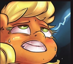 Size: 422x373 | Tagged: safe, artist:atryl, edit, applejack, anthro, earth pony, pony, comic:everything that glitters, ahegao, bust, cropped, cyoar, faic, female, gritted teeth, i came, implied orgasm, lightning, mind break, reaction image, solo, sweat