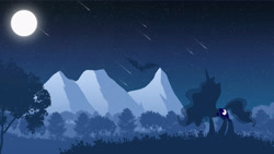 Size: 1920x1080 | Tagged: safe, artist:probaldr, princess luna, alicorn, bat, pony, full moon, meteor, meteor shower, moon, mountain, night, raised hoof, scenery, silhouette, solo, wallpaper