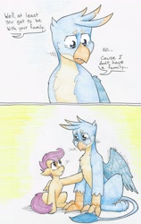 Size: 2001x3175 | Tagged: safe, artist:flicker-show, gallus, scootaloo, griffon, pegasus, pony, the hearth's warming club, comic, crying, dialogue, empathy, feels, female, filly, friendship, good end, hilarious in hindsight, orphan, sad, sympathy, traditional art, wholesome