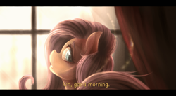 Size: 1359x746 | Tagged: safe, artist:ventious, fluttershy, pegasus, pony, bust, dialogue, female, lens flare, letterboxing, looking at you, looking back, mare, morning, offscreen character, solo, window