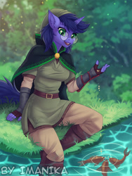 Size: 665x885 | Tagged: safe, artist:imanika, oc, oc only, anthro, fish, unicorn, boots, breasts, clothes, commission, digital art, feeding, female, glasses, gloves, grass, hat, horn, river, shoes, solo, solo female, tail, water, ych result