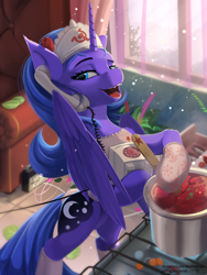 Size: 1200x1600 | Tagged: safe, artist:discordthege, princess luna, alicorn, pony, apron, borscht, clothes, cooking, fangs, female, food, hoof hold, kitchen, mare, oven mitts, solo, soup, soviet, stalliongrad, stove, telephone, wing hold