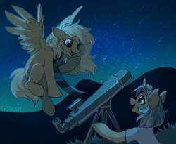 Size: 3657x3000 | Tagged: safe, artist:trickate, oc, oc only, oc:mirta whoowlms, oc:trickate, pegasus, pony, unicorn, clothes, duo, female, flying, looking at each other, mare, night, scarf, shirt, stargazing, stars, t-shirt, telescope