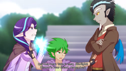 Size: 1280x720 | Tagged: safe, artist:jonfawkes, discord, spike, starlight glimmer, human, a matter of principals, angry, clothes, crossed arms, dialogue, elf ears, eye contact, fingerless gloves, gloves, glowing hands, gritted teeth, humanized, looking at each other, scene interpretation, trio, unicorns as elves, winged humanization, wings