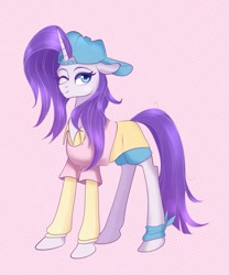 Size: 1133x1363 | Tagged: safe, artist:dumddeer, rarity, pony, unicorn, friendship university, backwards ballcap, baseball cap, cap, clothes, cup, female, hat, one eye closed, plainity, simple background, solo, wink