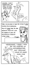 Size: 1250x2658 | Tagged: safe, artist:chopsticks, boulder (pet), discord, maud pie, starlight glimmer, earth pony, pony, unicorn, a matter of principals, comic, dialogue, female, funny, monochrome, open mouth, text