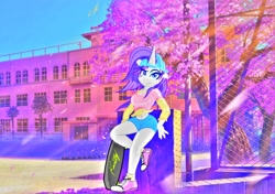 Size: 1892x1330 | Tagged: safe, artist:palmartz44, rarity, anthro, aesthetics, clothes, converse, hat, plainity, shoes, shorts, skateboard, solo, vaporwave