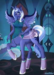 Size: 1987x2768 | Tagged: safe, artist:mailner, princess luna, alicorn, anthro, centaur, ponytaur, taur, anthro centaur, blushing, clothes, female, hooves, jewelry, looking at you, mare, room, s1 luna, solo, spread wings, wings