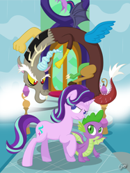 Size: 5000x6668 | Tagged: safe, artist:up-world, discord, spike, starlight glimmer, twilight sparkle, twilight sparkle (alicorn), alicorn, draconequus, dragon, pony, unicorn, a matter of principals, absurd resolution, digital art, frown, school of friendship, waterfall, winged spike