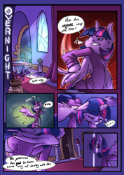 Size: 848x1200 | Tagged: safe, artist:atryl, artist:siden, twilight sparkle, twilight sparkle (alicorn), alicorn, pony, semi-anthro, comic:overnight, clothes, comic, dialogue, explicit source, eyes closed, female, mare, open mouth, solo, speech bubble, sweat, wingboner