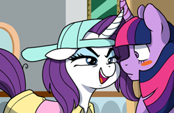 Size: 1280x831 | Tagged: safe, artist:/d/non, rarity, twilight sparkle, twilight sparkle (alicorn), alicorn, pony, unicorn, friendship university, backwards ballcap, baseball cap, blushing, cap, hat, plainity, scene interpretation