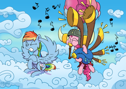 Size: 2047x1447 | Tagged: safe, artist:pony-berserker, pinkie pie, rainbow dash, earth pony, pegasus, pony, yakity-sax, balloon, cloud, eyes closed, female, floating, flying, mare, music notes, sky, then watch her balloons lift her up to the sky, wing hands, yovidaphone