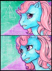 Size: 800x1087 | Tagged: safe, artist:farthingale, wind whistler, g1, cone, fancy mathematics, geometry, math, math lady meme, meme, solo, thinking, triangle, trigonometry