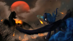 Size: 4000x2250 | Tagged: safe, alternate version, artist:blackligerth, princess luna, alicorn, dragon, pony, blood moon, fire, moon