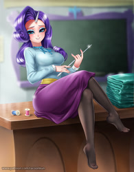 Size: 1000x1281 | Tagged: safe, alternate version, artist:racoonsan, rarity, human, school daze, anime, beautiful, blurry background, breasts, chalkboard, classroom, cloth, clothes, crossed legs, cummerbund, desk, eyelashes, eyeshadow, feet, female, horn, horned humanization, hot for teacher, humanized, indoors, legs, looking at you, makeup, missing shoes, nail polish, necktie, pantyhose, pointer, raritights, sash, school of friendship, schoolmarm rarity, sexy, shirt, sitting, skirt, smiling, socks, solo, spool, stupid sexy rarity, teacher, tight clothing, toes