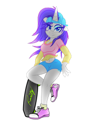 Size: 1114x1416 | Tagged: safe, artist:palmartz44, rarity, anthro, plantigrade anthro, aesthetics, backwards ballcap, baseball cap, belly button, cap, chilli, clothes, converse, food, hat, horn, midriff, plainity, purple hair, shoes, short shirt, simple background, skateboard, solo, transparent background, vaporwave