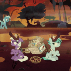 Size: 600x600 | Tagged: safe, screencap, appointed rounds, rainy day, starlight glimmer, trixie, pegasus, pony, unicorn, road to friendship, absurd file size, animated, background pony, bickering, cropped, female, fire, fire swamp, flame geyser, gif, mailmare, mailpony, mare, sitting, swamp, trixie's wagon, wagon, we're friendship bound