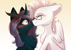 Size: 3508x2480 | Tagged: safe, artist:shiro-roo, oc, oc only, oc:sanft liebe, pegasus, pony, unicorn, blushing, curved horn, digital art, female, gradient background, high res, male, mare, nuzzling, shipping, stallion, straight