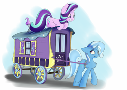 Size: 2508x1774 | Tagged: safe, artist:renderpoint, starlight glimmer, trixie, pony, unicorn, road to friendship, chest fluff, cutie mark, duo, female, harness, horn, mare, simple background, tack, trixie's wagon, wagon