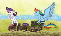 Size: 1024x605 | Tagged: safe, artist:inuhoshi-to-darkpen, rainbow dash, rarity, pegasus, pony, unicorn, the end in friend, azurantium, boots, duo, feathered fetlocks, female, glitter boots, leonine tail, mare, neckerchief, raft, s.s. cragadile, scene interpretation, shoes, simple background, sparkles, spread wings, wings, yellow background