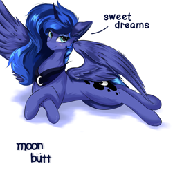 Size: 4096x4096 | Tagged: safe, artist:xxpaw2001xx, princess luna, alicorn, pony, absurd resolution, butt, cute, dialogue, ear fluff, female, lunabetes, mare, moonbutt, simple background, solo, spread wings, white background, wings