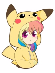 Size: 1600x2100 | Tagged: safe, artist:kittyrosie, rainbow dash, human, pikachu, bust, clothes, costume, crossover, cute, dashabetes, female, hands in pockets, hoodie, humanized, kigurumi, looking at you, pokémon, simple background, solo, white background