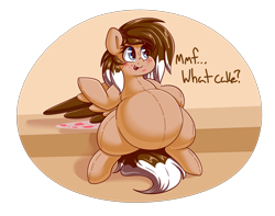 Size: 3000x2359 | Tagged: safe, artist:graphenescloset, oc, oc only, oc:cinnamon toast, original species, pegasus, pony, belly, big belly, blatant lies, blue eyes, blushing, cake, chubby, chubby cheeks, cute, fat, female, food, living object, mare, ocbetes, plush pony, plushie, simple background, solo, stuffed