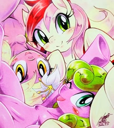 Size: 1820x2048 | Tagged: safe, artist:025aki, daisy, flower wishes, lily, lily valley, roseluck, earth pony, pony, blushing, female, flower trio, looking at you, mare, one eye closed, smiling, traditional art, wink