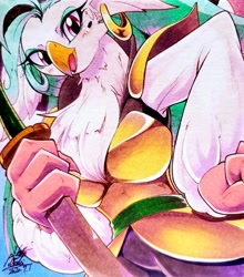 Size: 1806x2048 | Tagged: safe, artist:025aki, captain celaeno, anthro, bird, parrot, my little pony: the movie, beauty mark, blushing, ear piercing, earring, female, jewelry, marker drawing, parrot pirates, piercing, pirate, solo, sword, traditional art, weapon