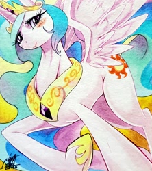 Size: 1818x2048 | Tagged: safe, artist:025aki, princess celestia, alicorn, pony, beautiful, blushing, cute, cutelestia, female, looking at you, mare, solo, traditional art