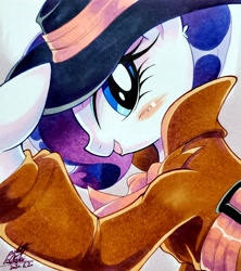 Size: 1818x2048 | Tagged: safe, artist:025aki, rarity, pony, unicorn, blushing, clothes, detective rarity, fedora, female, hat, looking at you, mare, open mouth, smiling, solo, traditional art